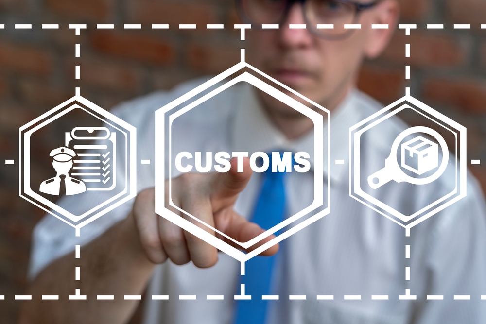 Customs concept. Customs declaration clearance. Customs registration. Cargo delivery, import and export.